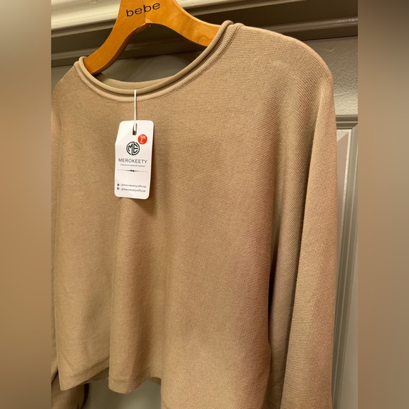 MEROKEETY Women's Tan Crewneck Cropped Sweater size L - Picture 4 of 16